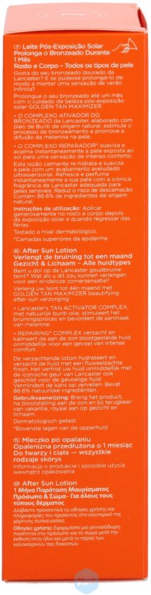 Zijkant van Lancaster Golden Tan Maximizer doos met veelzijdige productinformatie in verschillende talen.