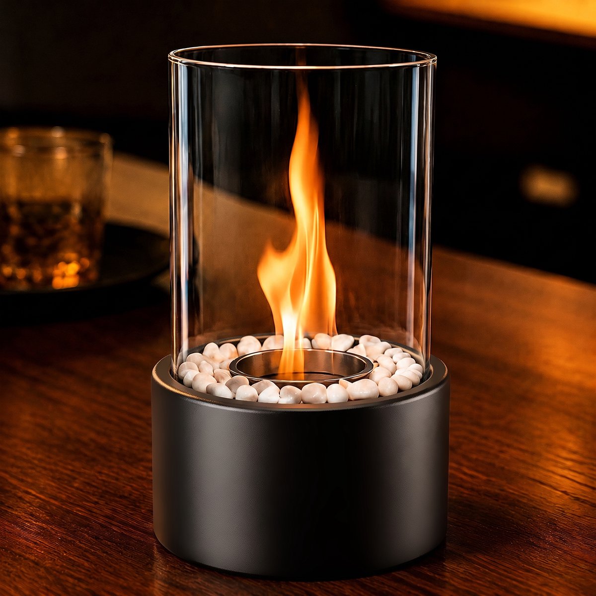 NETTLIFE - Bio-ethanol haard - Tafelhaard - 12,3 cm diameter - Geschikt voor binnen en buiten - Cilindrisch - Draagbare decoratieve haardlamp - Zwart - Geschikt voor balkon | slaapkamer | huis