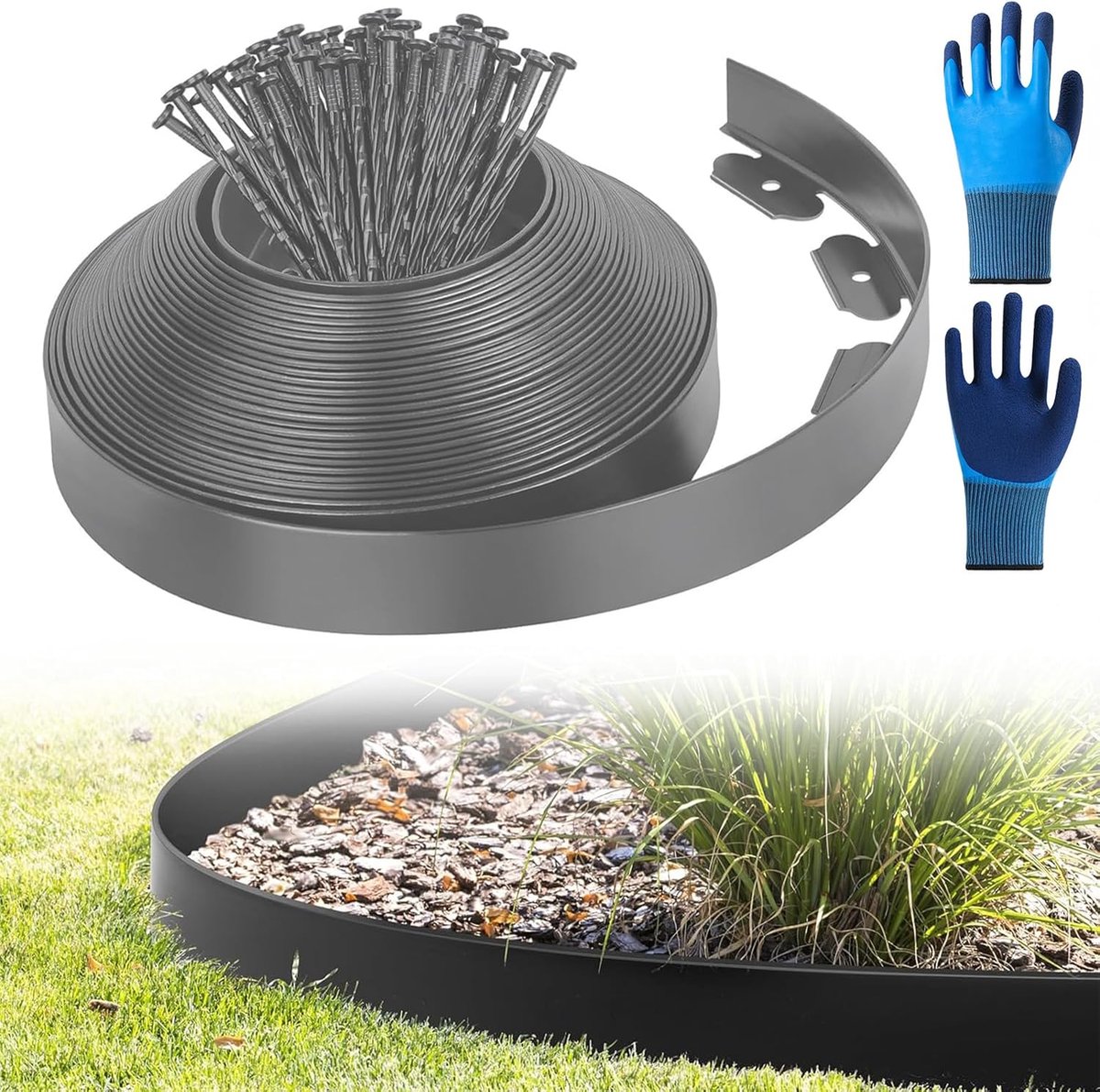 grasrand kunststof, met 50 grondankers, tuinrand kunststof, lengte 10 m hoogte 5 cm (10M*5CM, grijs)