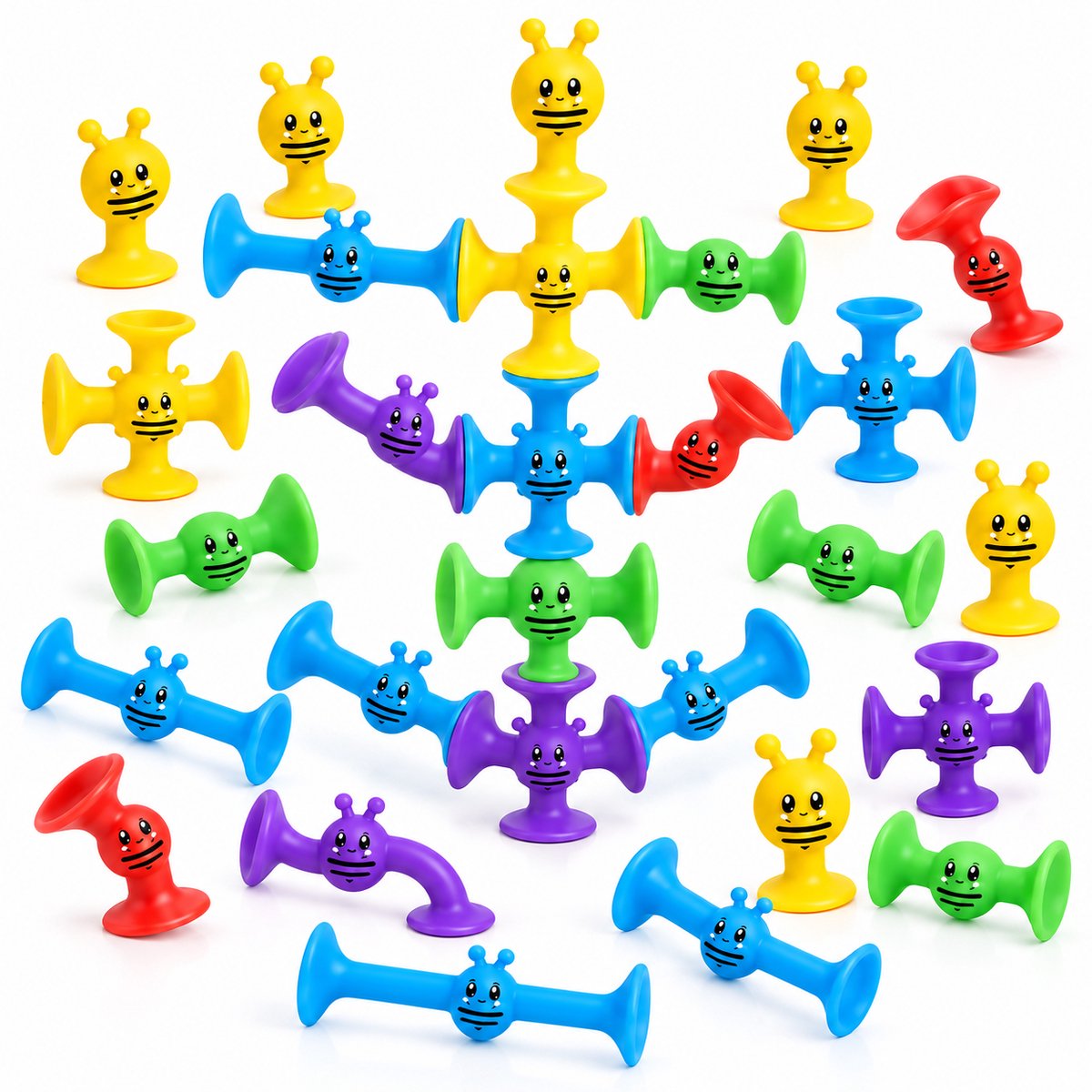Leefico Siliconen Zuignap Speelgoed – Badspeelgoed & Sensorisch Speelgoed – Set van 27 Stuks – Smiley Bij Figuurtjes – Badspeeltjes voor Peuters