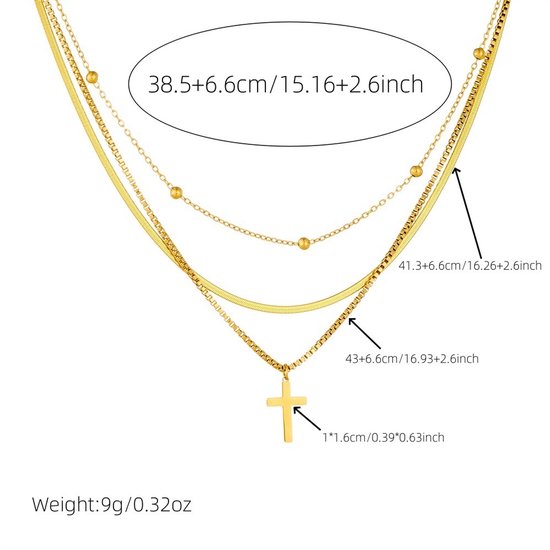 Gouden multistraks ketting met kruishanger, met afmetingen.