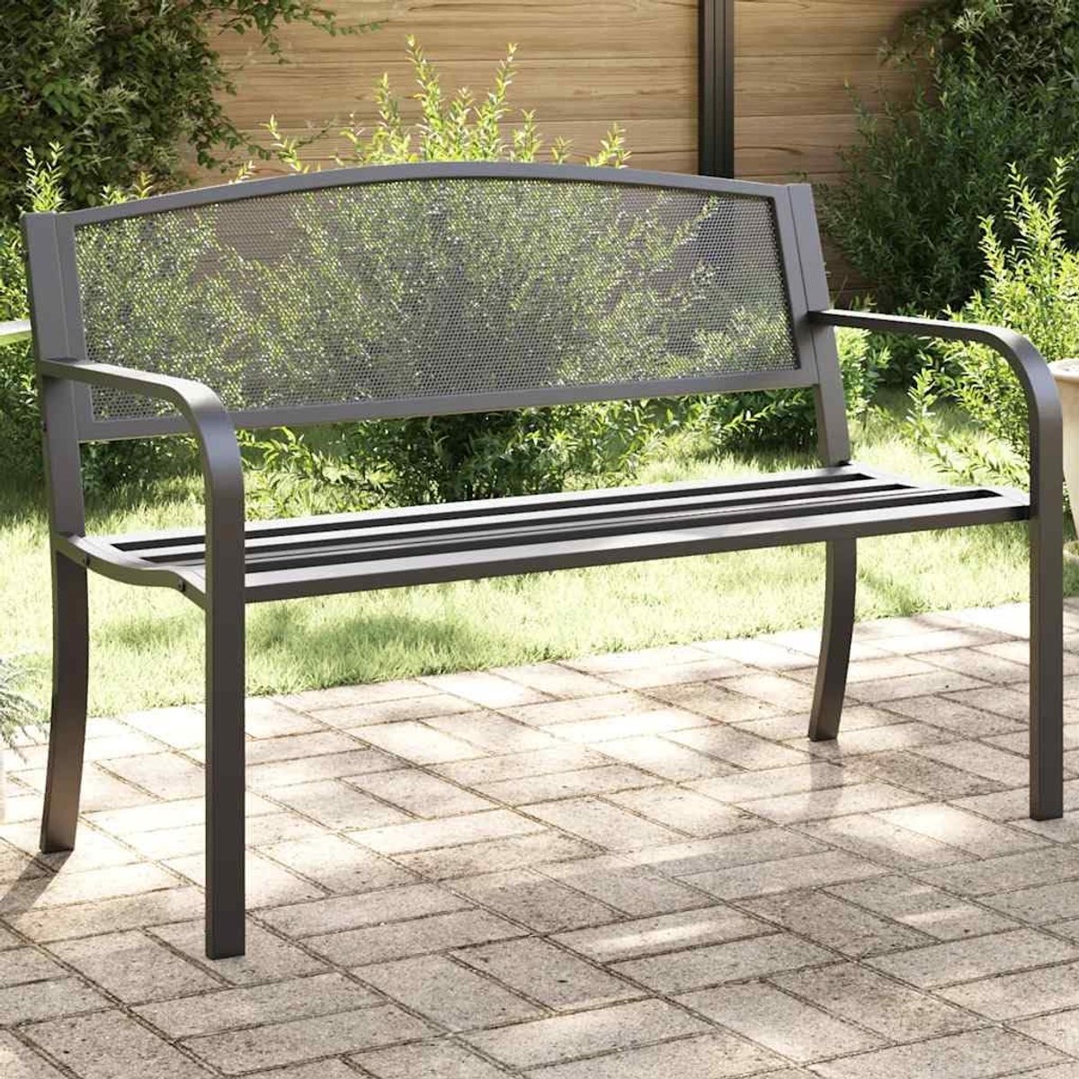 119 cm staal zwart poedercoating duurzaam staal voor tuin terras balkon met armleuningen opengewerkte rugleuning comfortabel zitmeubel buitenbankje tot 110 kg per zitting tijdloos design