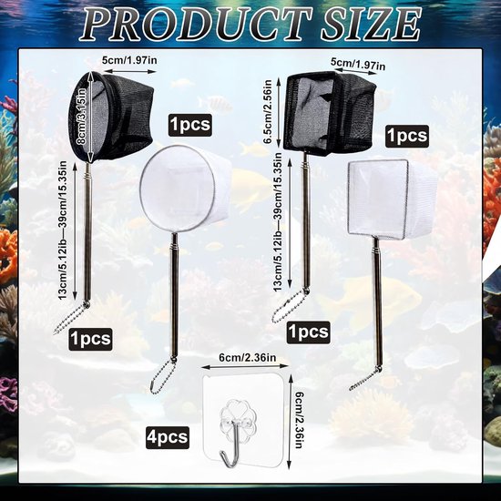 4 stuks aquarium schepnet set met 4 haken, rond en vierkant visnet met telescopische roestvrijstalen handgreep 13-39 cm voor garnalen, kleine vissen en reiniging — afbeelding 2