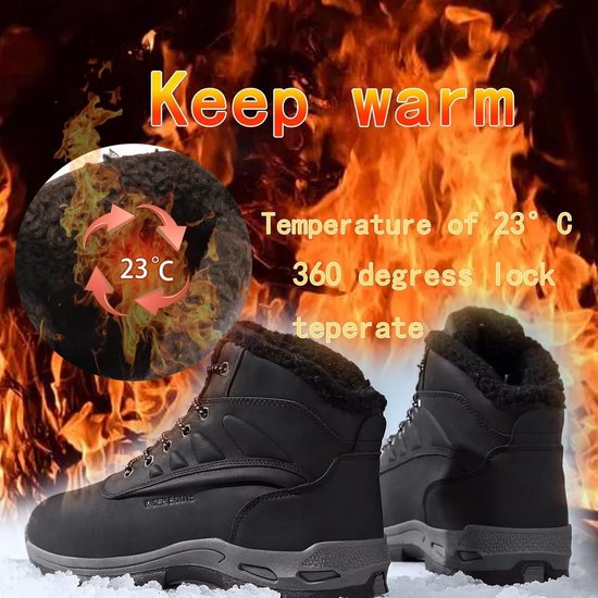 Zwarte gevoerde winterlaarzen voor warmtebehoud bij 23 graden Celsius.