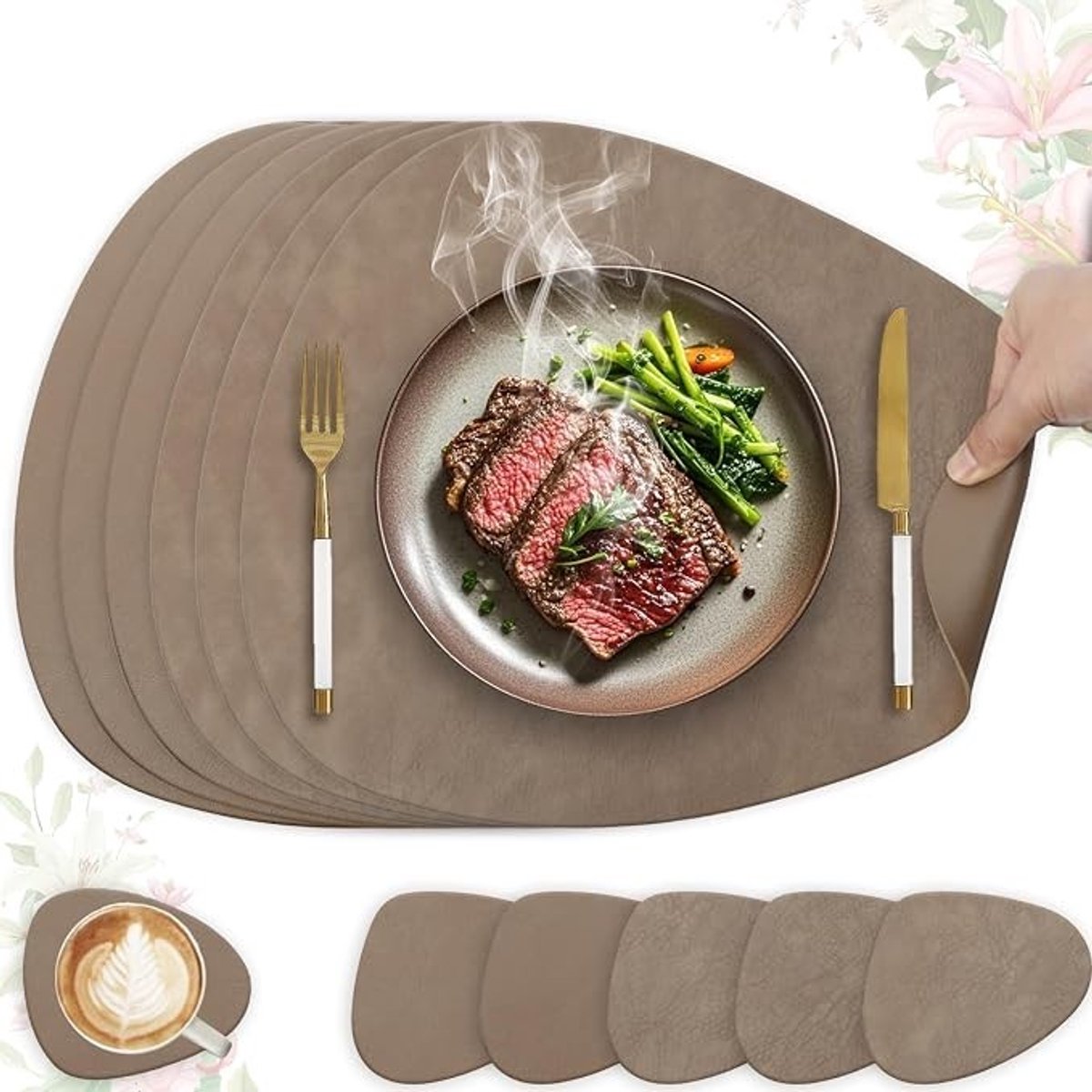 Livatto Set van 6 tafelsets van imitatieleer, afwasbare en waterdichte placemats, dubbelzijdige antislip onderzetters (ovaal, bruin)