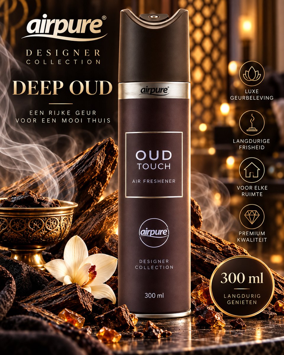 Airpure Designer Collection Deep Oud Luchtverfrisser – 300 ml – Luxe Oud Geur – Roomspray & Huisparfum