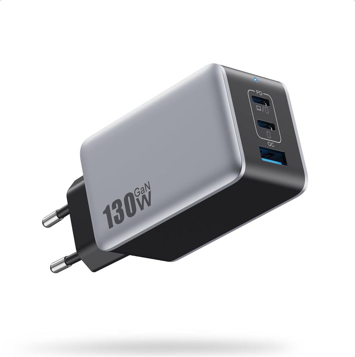 130 W USB-C-oplader, 3 poorten, snellader, GaN IV, USB-C-aansluiting, meerdere stopcontacten, compact, 65 W, PD/PPS/QC, laptopoplader, type C, adapter voor MacBook Pro Air/i Pad/iPhone 17 Pro Max Air