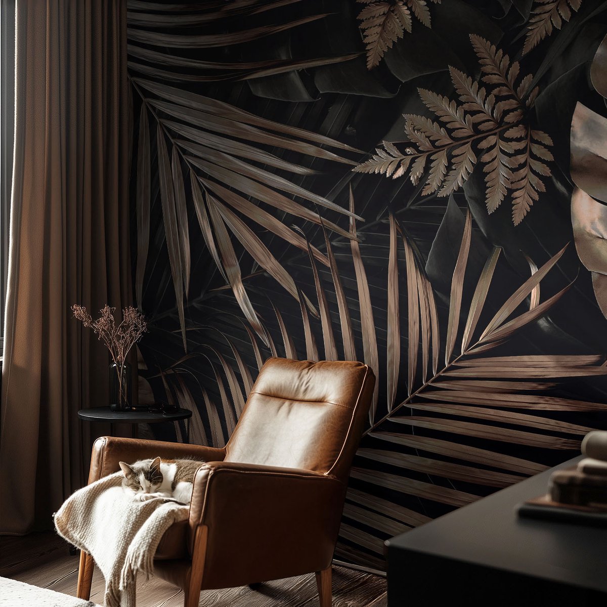 Coloray Vliesbehang - Zwart Snellijm Behang - 104x70 cm - Exotische Bladeren Muurschildering - Gang behang Bloemen En Planten - Fotobehang Vlies - Slaapkamer behang