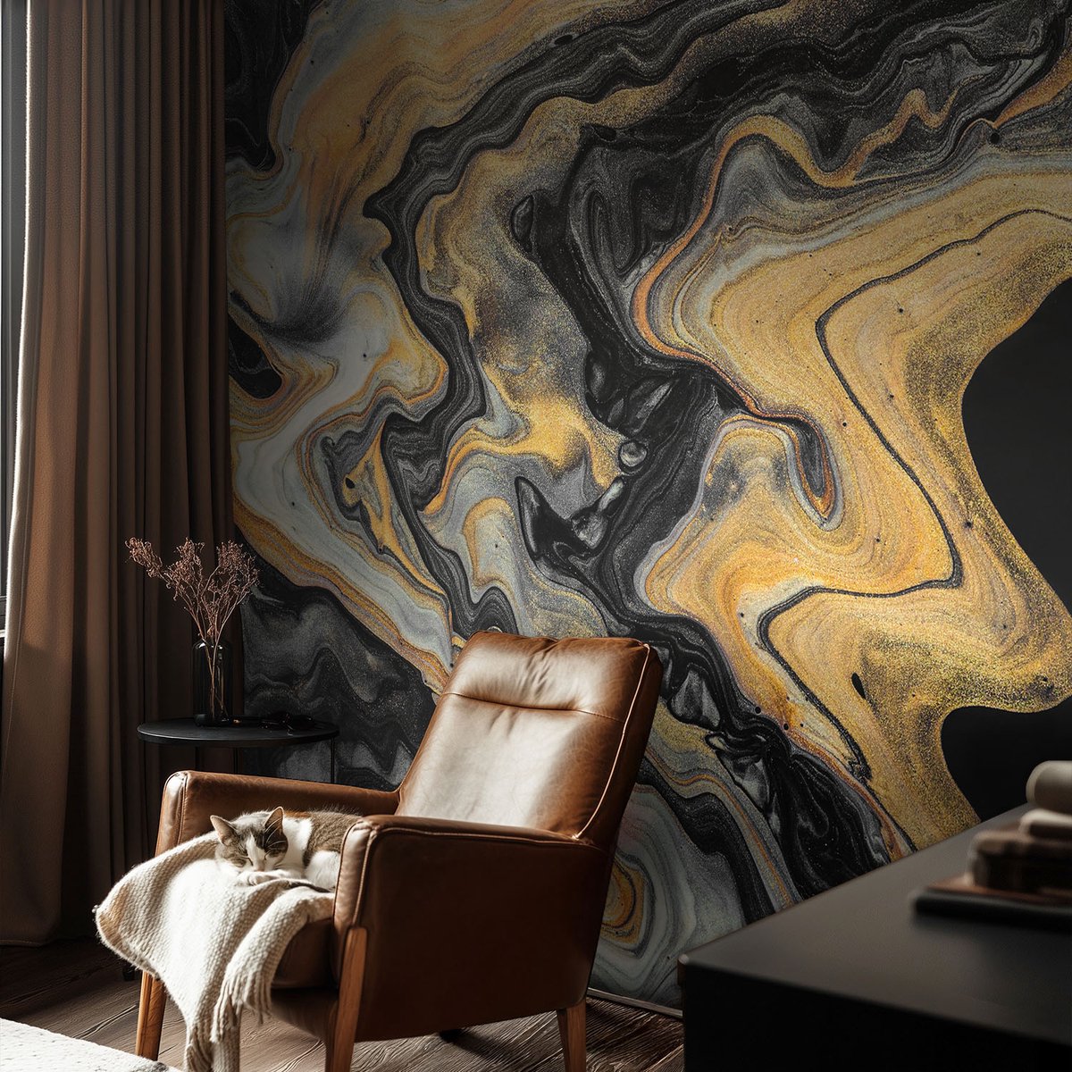 Coloray Vliesbehang - Zwart Snellijm Behang - 104x70 cm - Caleidoscoop Van Lijnen Fotobehang Vlies - Woonkamer behang Abstractie - Muurschildering - Woonkamer behang