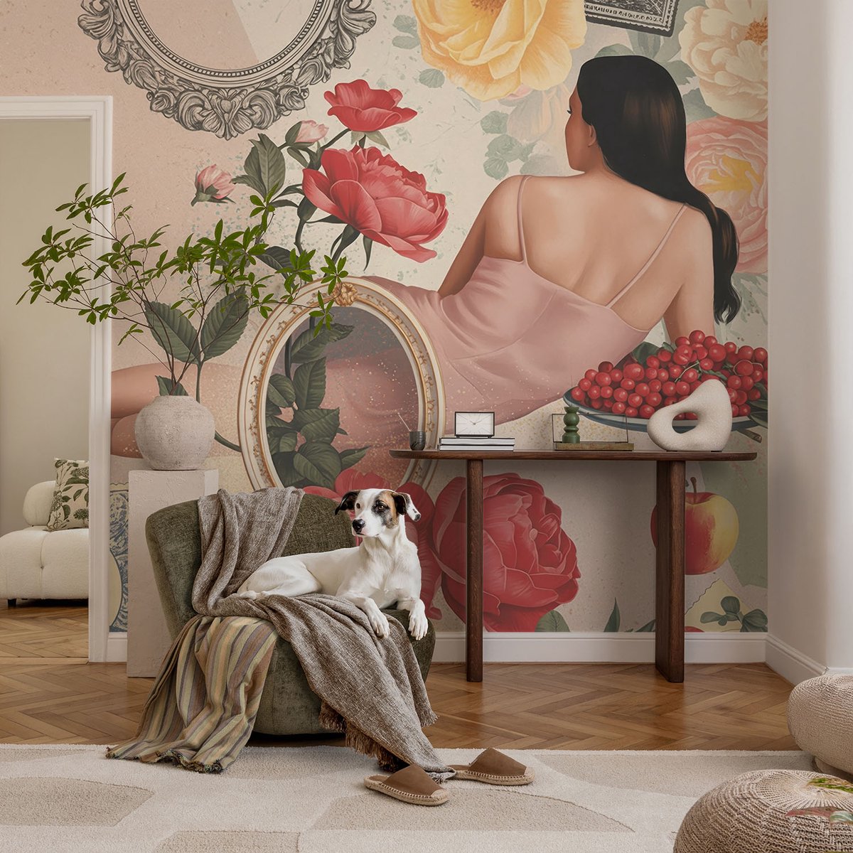 Coloray Vliesbehang - Beige Snellijm Behang - 104x70 cm - Bloemige Elegantie Fotobehang Vlies - Woonkamer behang Deel - Muurschildering - Hal behang