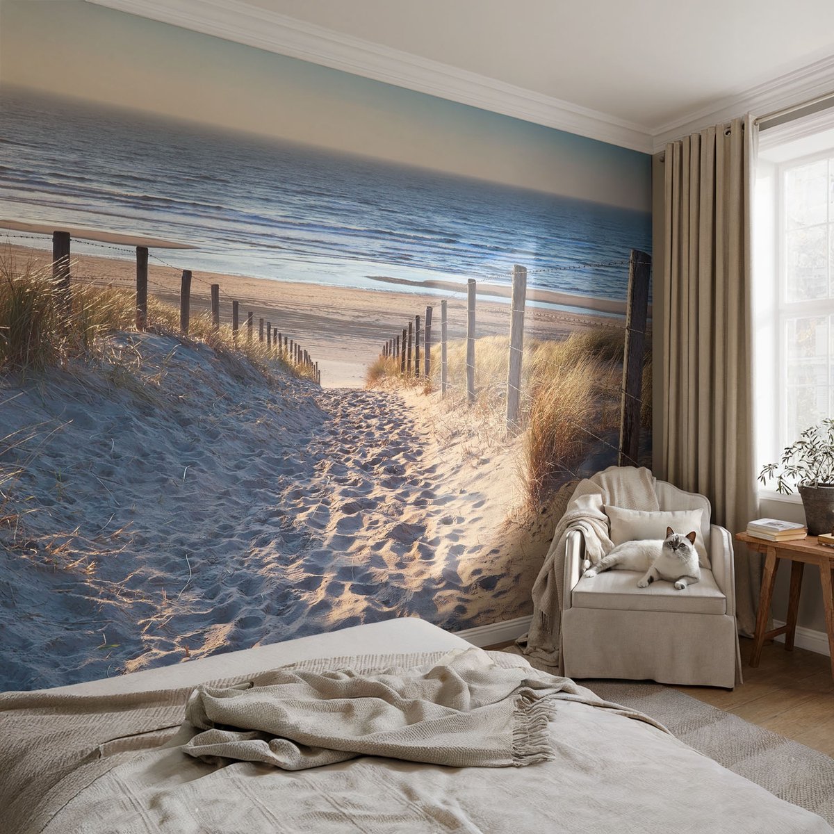 Coloray Vliesbehang - Wit Snellijm Behang - 104x70 cm - Strandpad Fotobehang Vlies - Hal behang Landschappen - Muurschildering - Woonkamer behang