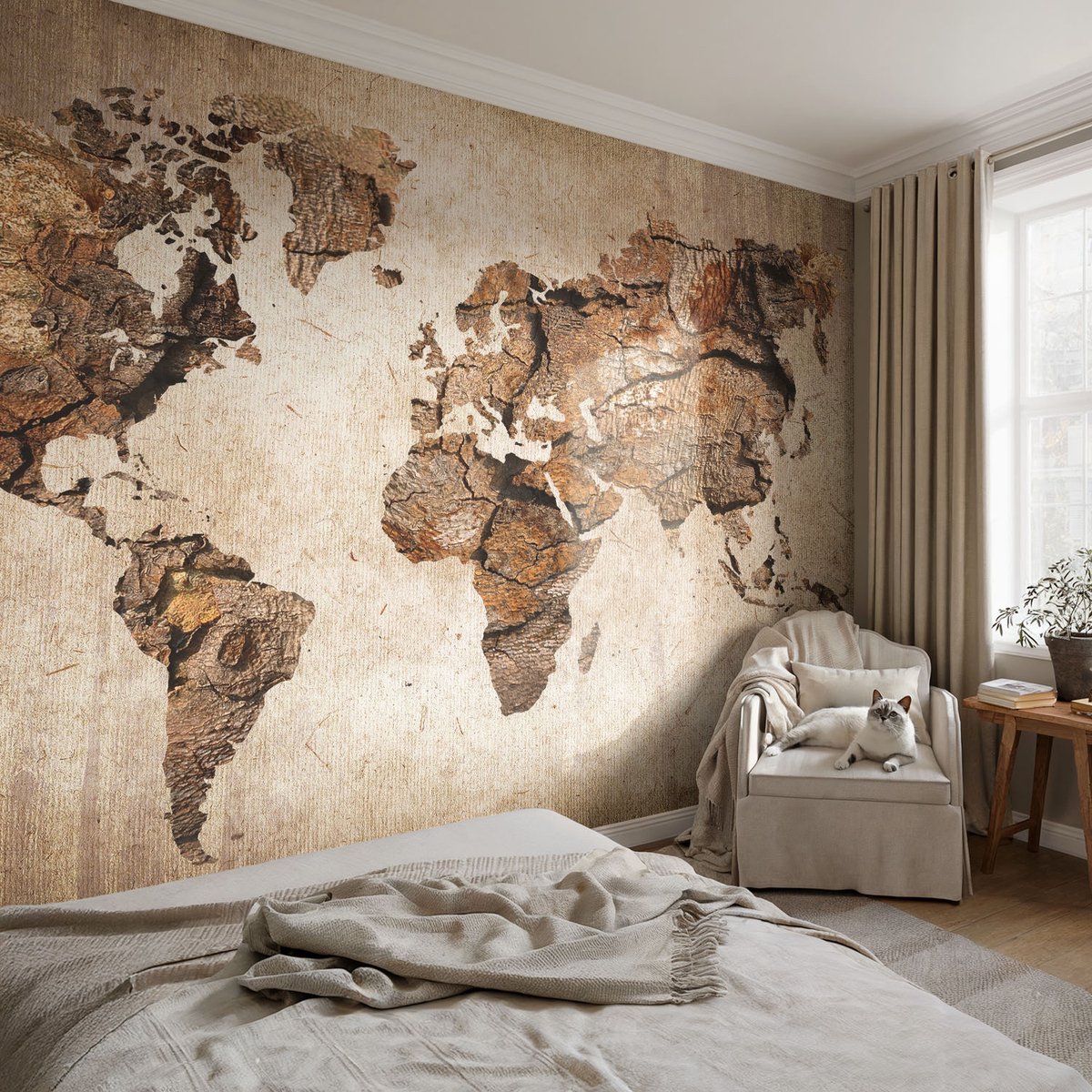 Coloray Vliesbehang - Bruin Snellijm Behang - 104x70 cm - Houten Kaart Fotobehang Vlies - Woonkamer behang Kaarten - Muurschildering - Woonkamer behang