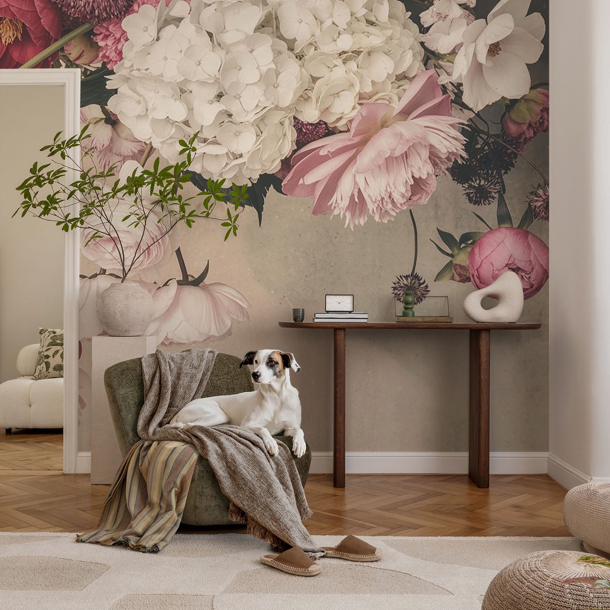 Coloray Vliesbehang - Wit Snellijm Behang - 104x70 cm - Romantische Bloemen Fotobehang Vlies - Woonkamer behang Bloemen En Planten - Muurschildering - Hal behang