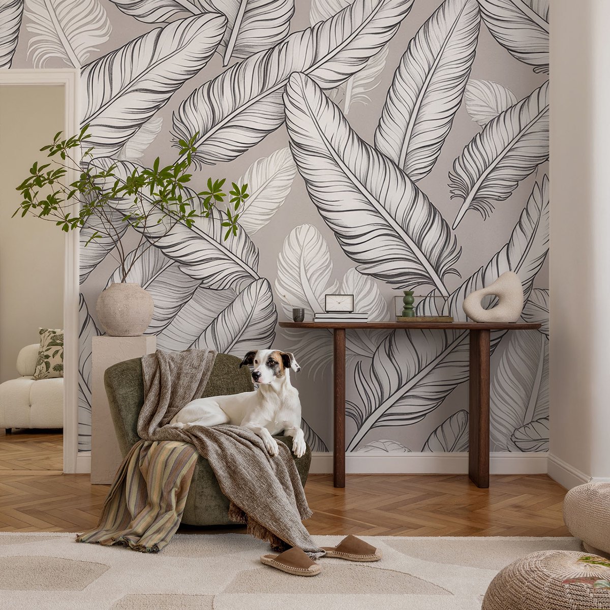 Coloray Vliesbehang - Grijs Snellijm Behang - 104x70 cm - Subtiele Veren Fotobehang Vlies - Hal behang Achtergronden En Patronen - Muurschildering - Woonkamer behang