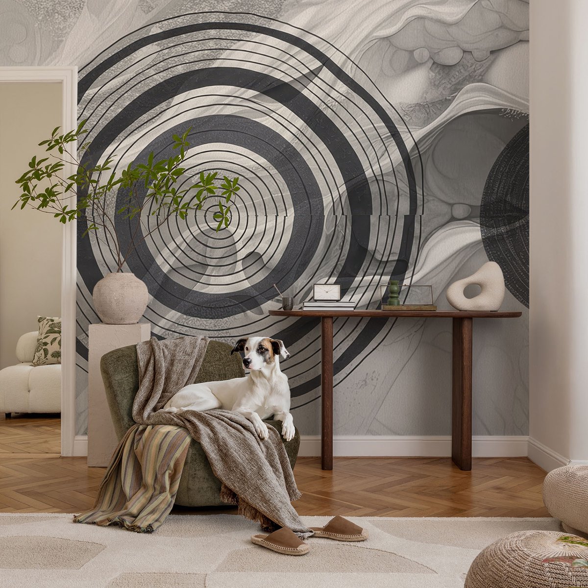 Coloray Vliesbehang - Zwart-Wit Snellijm Behang - 104x70 cm - Grijze Cirkels Fotobehang Vlies - Woonkamer behang Abstractie - Muurschildering - Hal behang