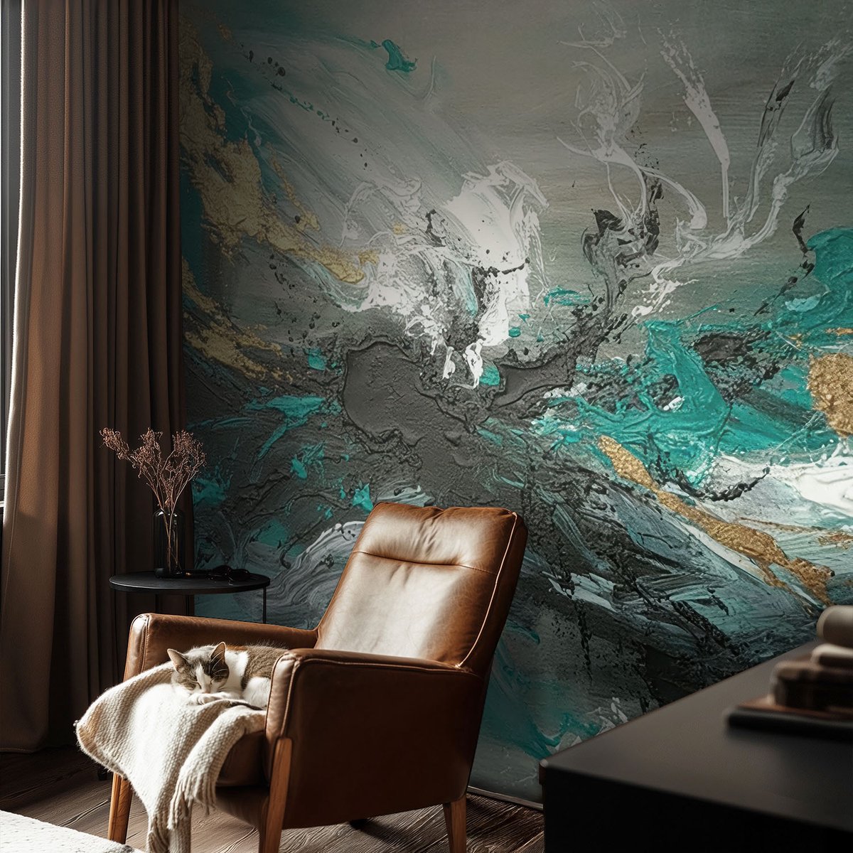 Coloray Vliesbehang - Grijs Snellijm Behang - 104x70 cm - Artistieke Wervelwind Fotobehang Vlies - Woonkamer behang Abstractie - Muurschildering - Woonkamer behang