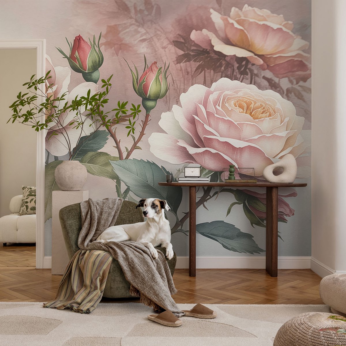 Coloray Vliesbehang - Roze Snellijm Behang - 104x70 cm - Pastel Rozen Fotobehang Vlies - Hal behang Bloemen En Planten - Muurschildering - Woonkamer behang