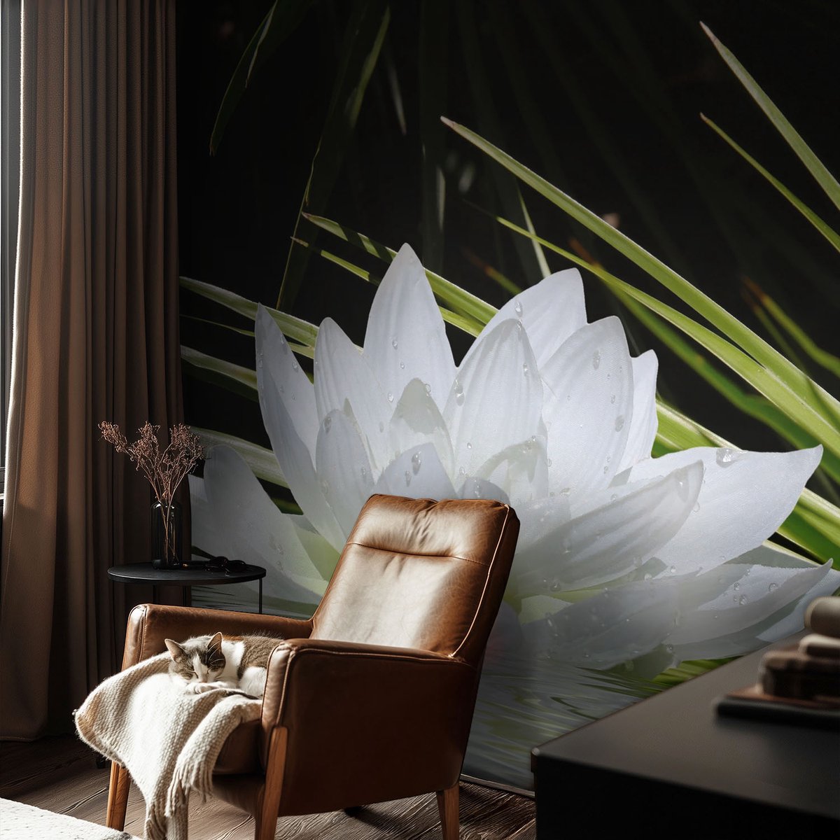 Coloray Vliesbehang - Wit Snellijm Behang - 104x70 cm - Lelie-Meditatie Fotobehang Vlies - Woonkamer behang Bloemen En Planten - Muurschildering - Hal behang