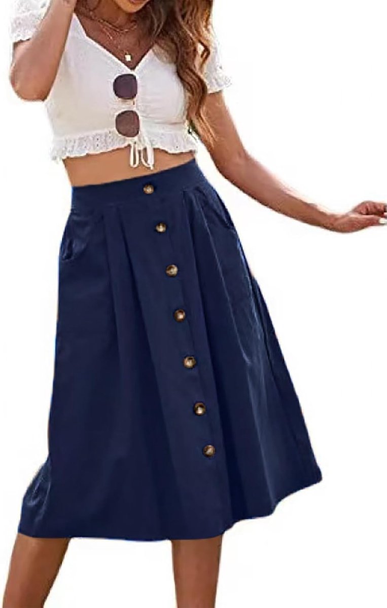 Dames Effen Kleur Licht Geplooide A-Lijn Midi-Rok Zak Knoop Casual Half Lichaam Rok