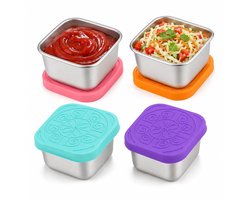 4 Stuks RVS Lunchboxen met Siliconen Deksel - 180ml - Mini bewaarbakjes - Lekvrij & Maaltijdprep - Snackbox voor Kinderen & Volwassenen - Brooddoos & Koekendoosje - Perfect voor School, Werk & Reizen - Voor Snacks & Sauzen
