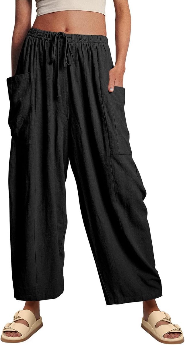 zomerbroek voor dames, met zakken en trekkoord, casual, losse broek voor dames, licht, comfortabel, met elastische tailleband, effen, elegante broek voor strand, yoga