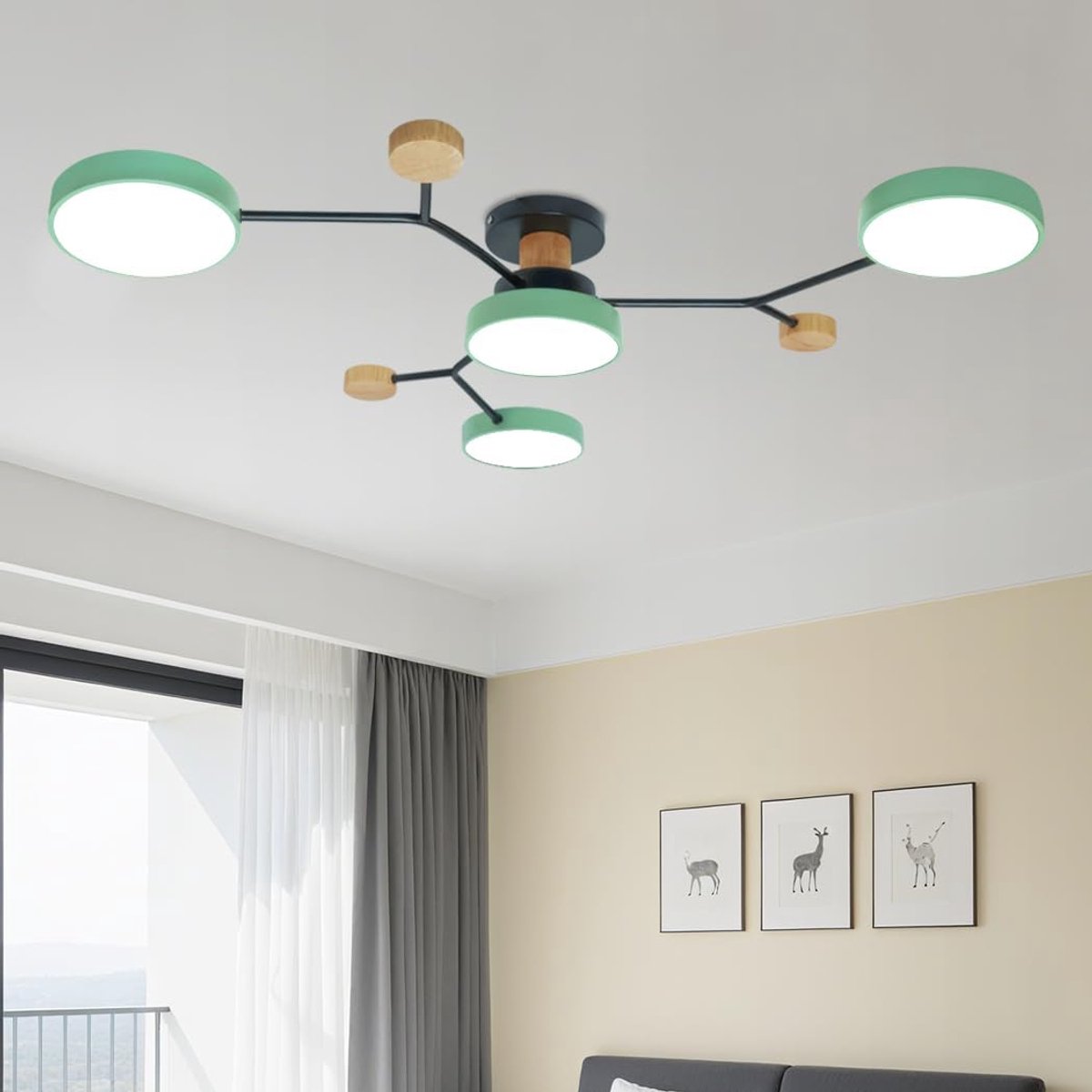 Led-plafondlamp voor keuken, plafondverlichte, slaapkamer, 4 koppen, woonkamer, met 3 kleurtemperaturen, 48 W, creatieve led, houten plafond, moderne decoratieve plafondlamp (groen)