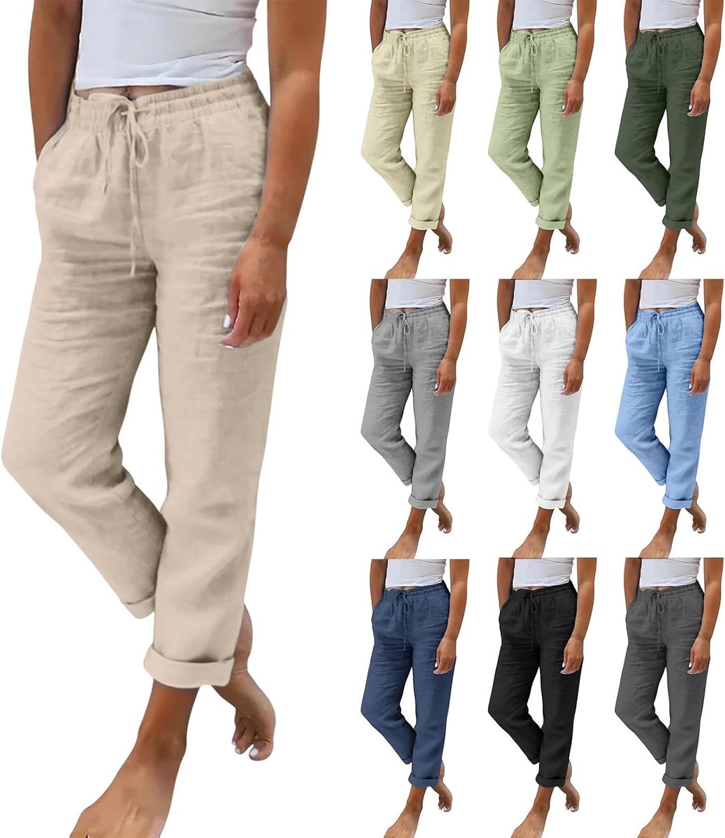 Linen zomerbroek 7/8, katoen, elastische taille, strandbroek, licht, effen, losse pasvorm