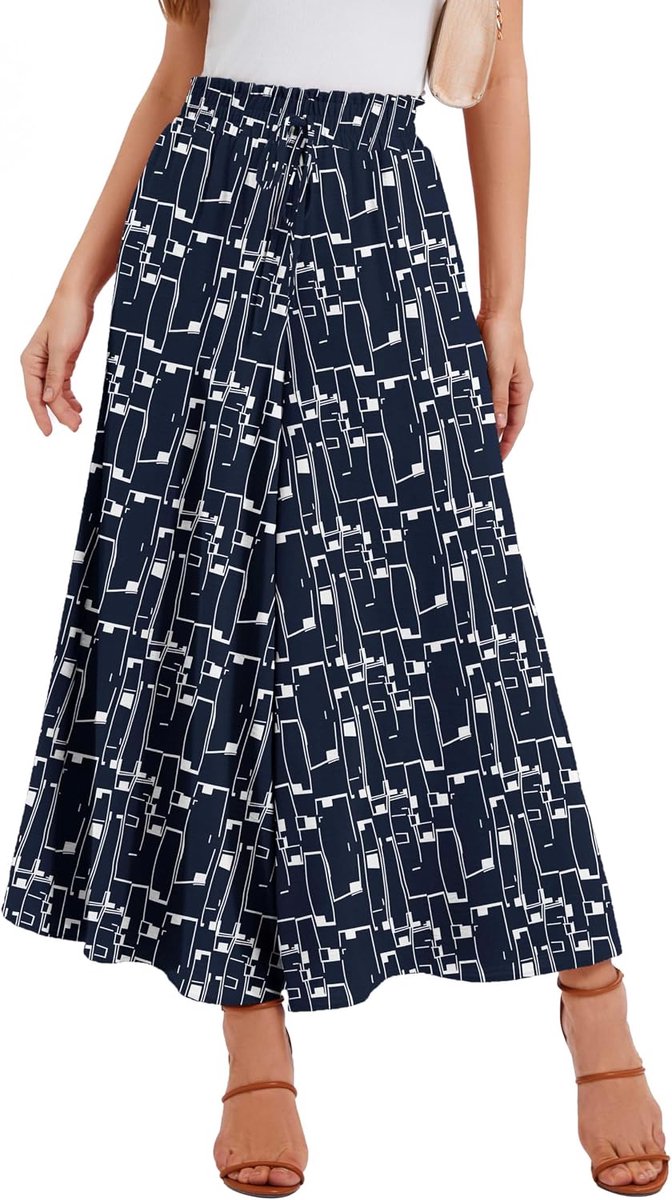 Pantalon voor Dames Zomer Elastische Hoge Taille met Trekkoord Luchtig Palazzo Broek Met 2 Zakken Voor Dagelijks Gebruik & Vrije Tijd