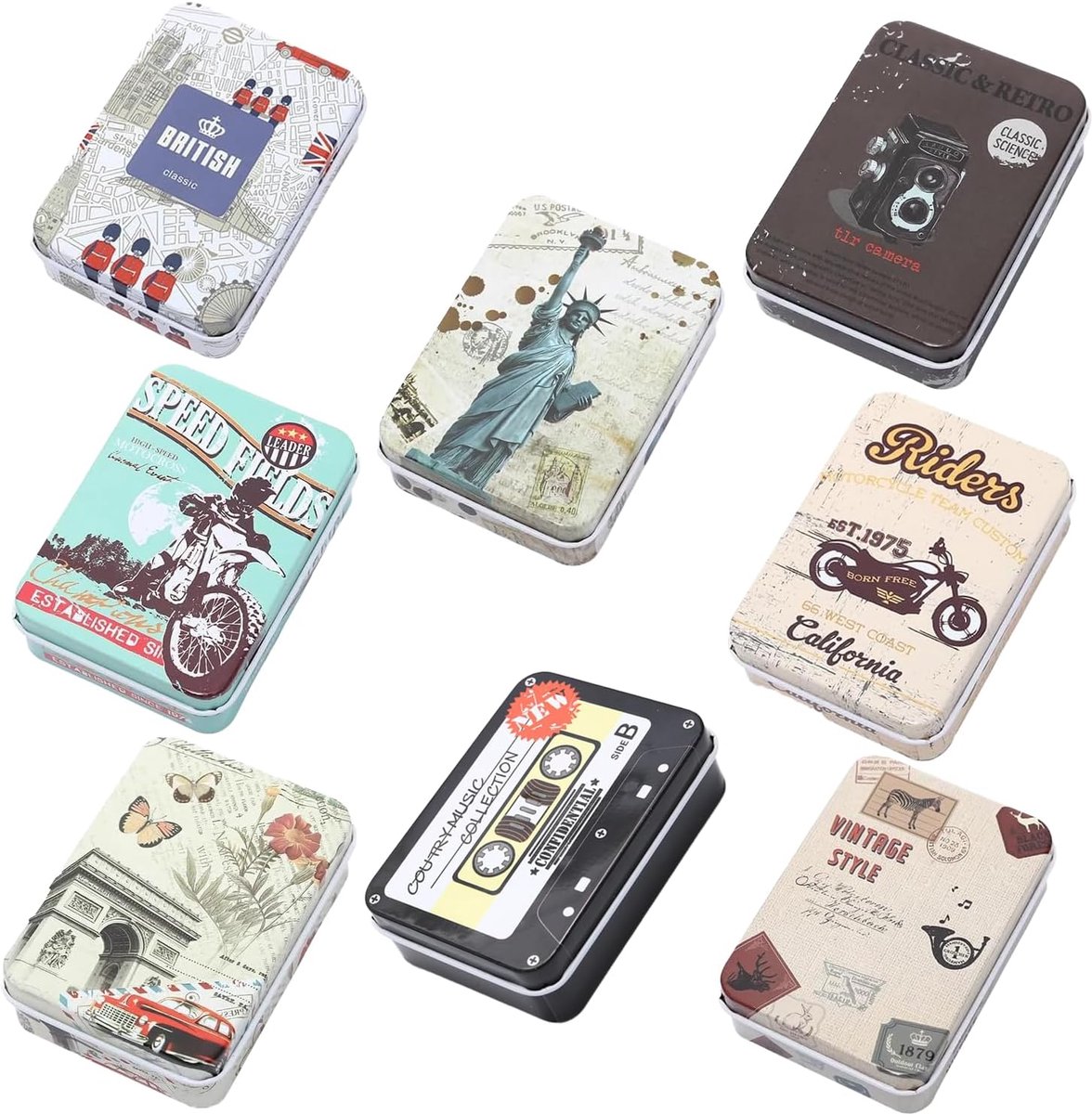 8 stuks veelkleurige metalen blikjes met deksel, retrostijl design, geschikt voor snoep, paperclips, kleine clips, knopen, 8 patronen