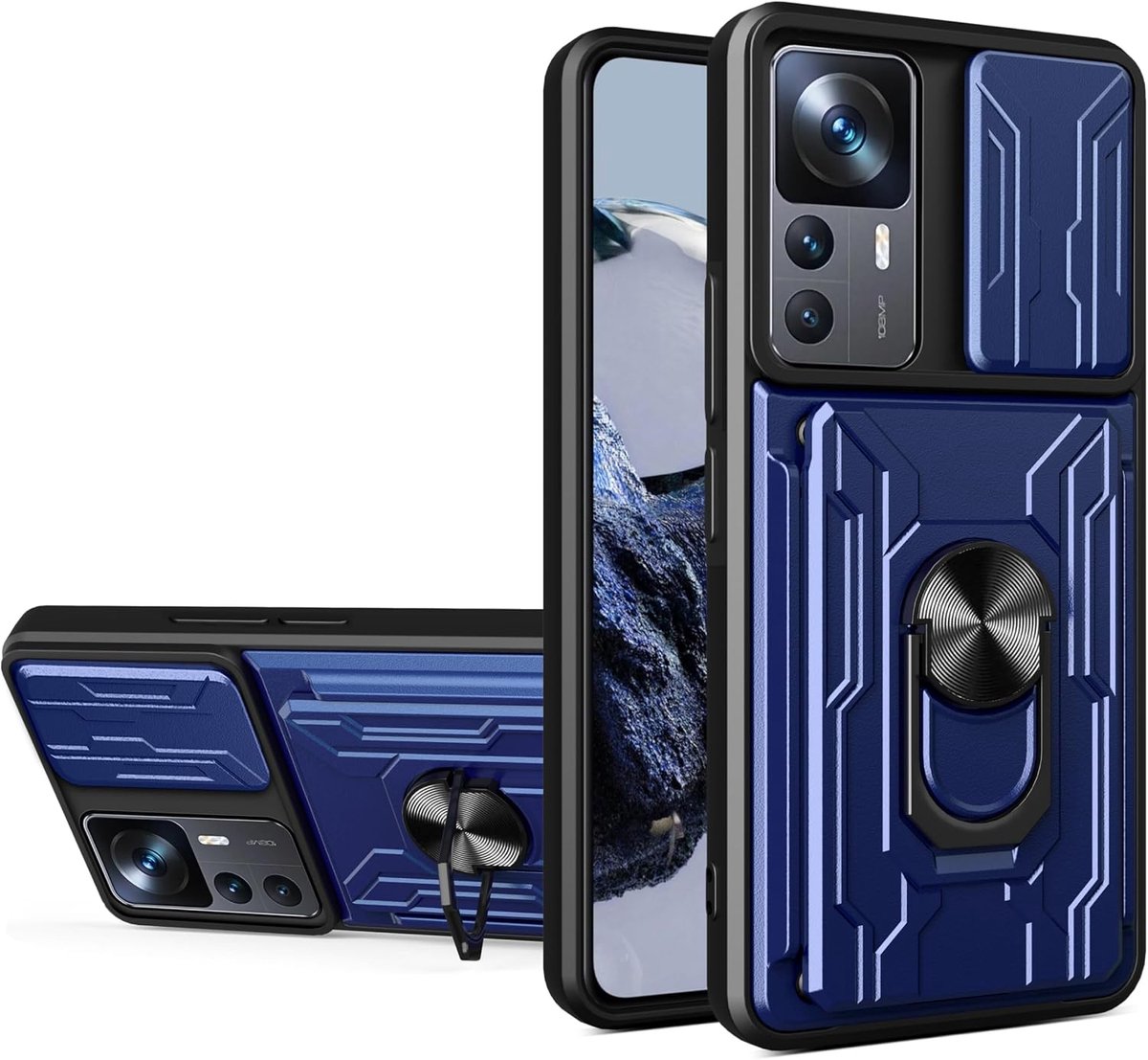 Hoesje voor Xiaomi Mi 12T Pro/Xiaomi 12T/Redmi K50 Ultra Beschermhoes Cover Schuifcamera Ring Ringhouder Afneembare Kaartsleuf Militaire Hoes Schokbestendig Xiao 12T- Blauw