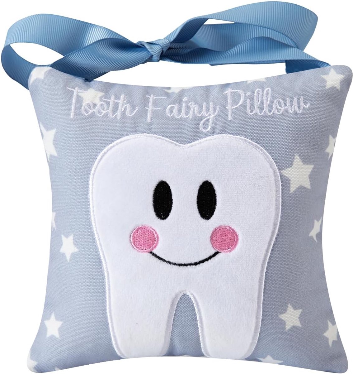 Tandenfee Kussen met Zak voor Kinderen Tandaandenken Pouch Tand Fairy Bag op Rug Tandfee Cadeau voor Jongens en Meisjes, 18 cm x 18 cm (Blauw)