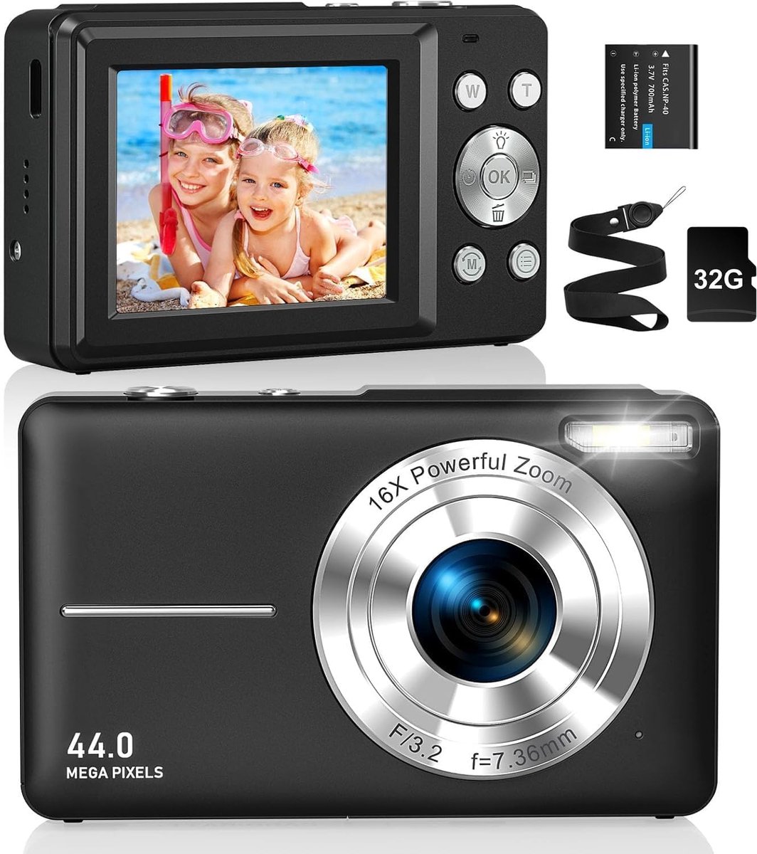 Camera Fotocamera FHD 1080P 44MP 32G kaart Compactcamera 16X digitale zoom Fototoestel Digitale camera Klein Eenvoudige bediening Selfie met 2 accu's voor kinderen, beginners, jongens
