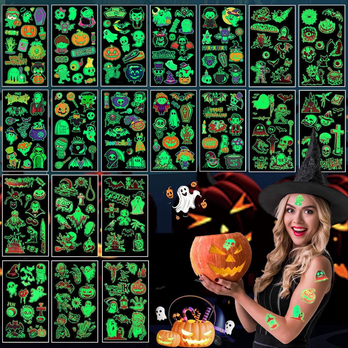 200+ Stuks Halloween Stickers In Het Donker, Glow In The Dark Halloween Tattoo, Halloween Kinderen Glow In The Dark Stickers, Pompoen Bat Heks Kinderen Halloween Glow-In-The-Dark Stickers