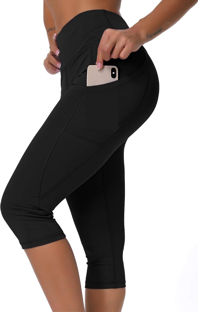 dames dubbele zakken sportlegging 3/4 yogabroek sportbroek loopbroek training tights met mobiele telefoon zak