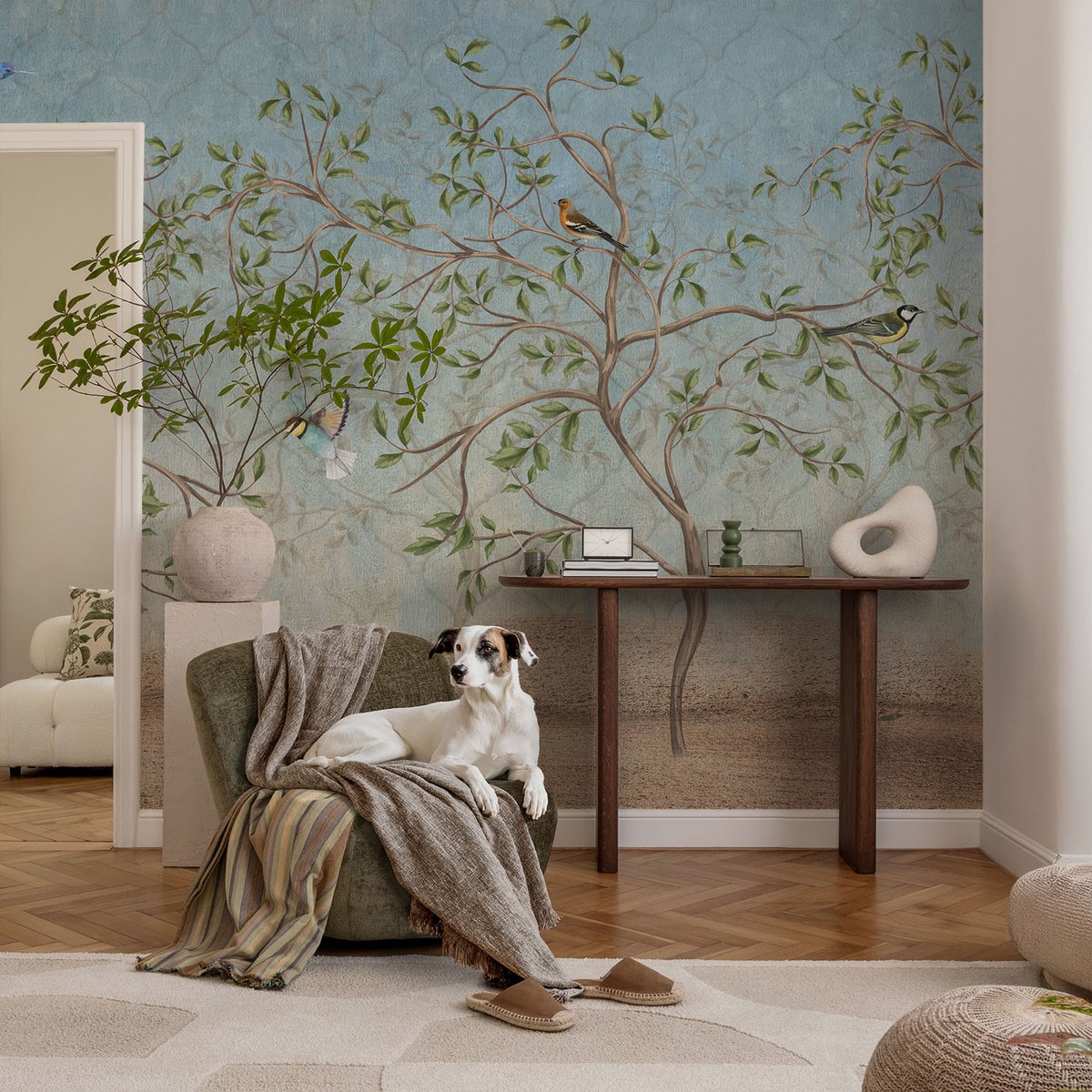 Coloray Vliesbehang - Grijs Snellijm Behang - 104x70 cm - Vogels In De Bomen Fotobehang Vlies - Hal behang Bloemen En Planten - Muurschildering - Woonkamer behang