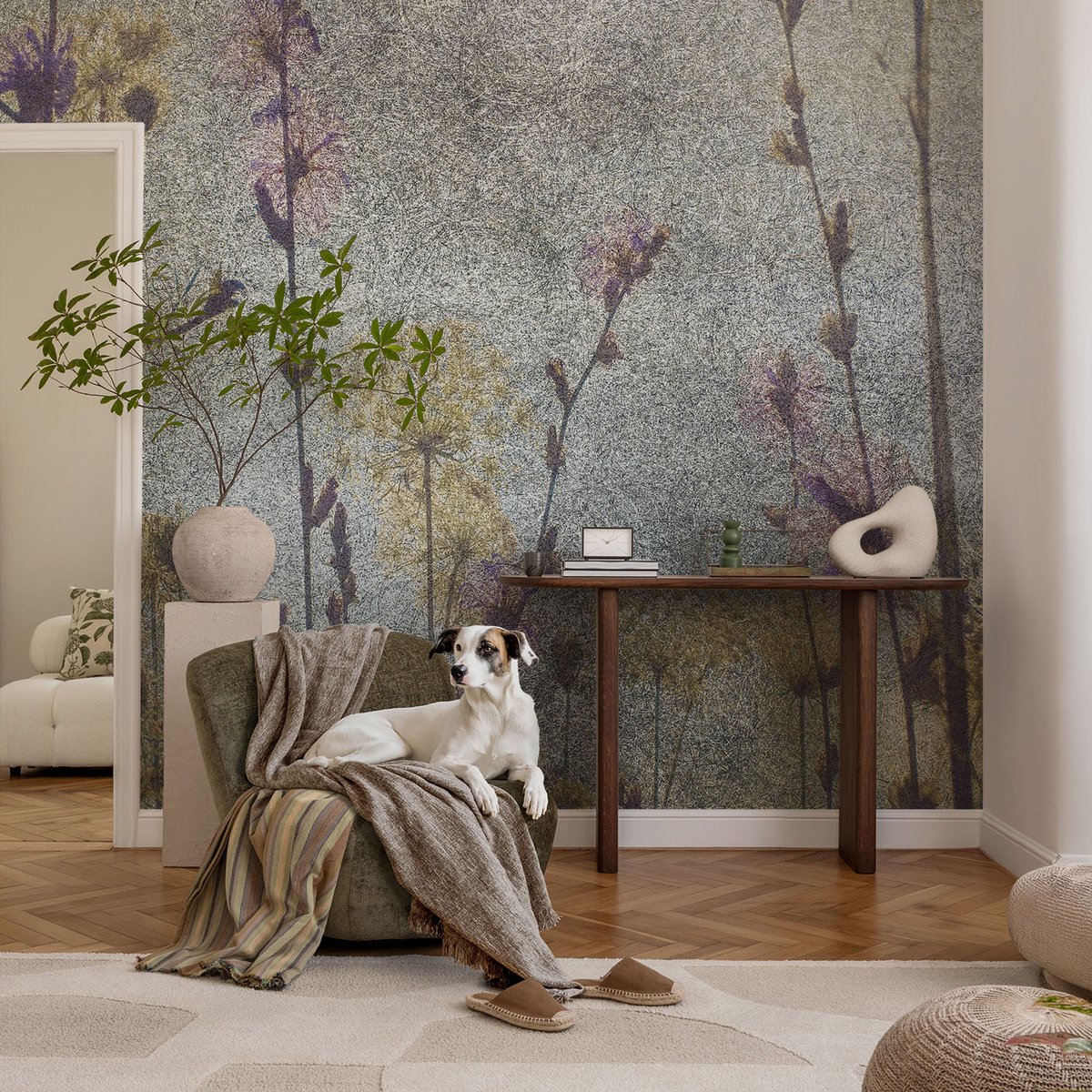 Coloray Vliesbehang - Grijs Snellijm Behang - 104x70 cm - Wilde Bloemen Muurschildering - Gang behang Bloemen En Planten - Fotobehang Vlies - Gang behang