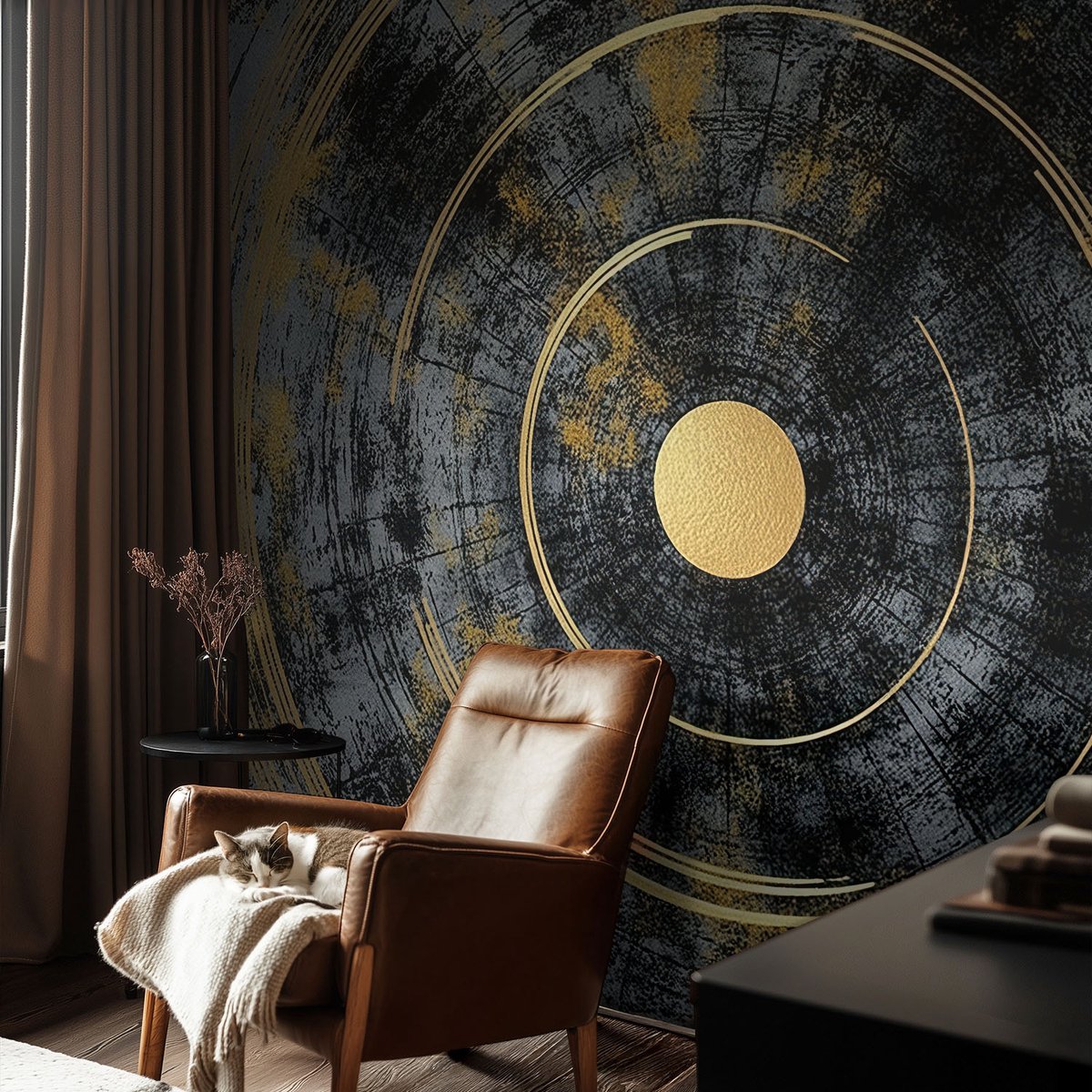 Coloray Vliesbehang - Zwart Snellijm Behang - 104x70 cm - Kosmische Dynamiek Muurschildering - Slaapkamer behang Geometrie - Fotobehang Vlies - Slaapkamer behang
