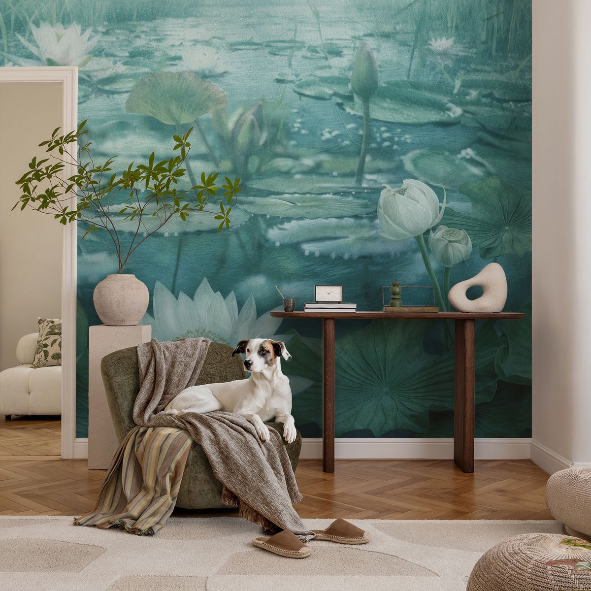 Coloray Vliesbehang - Zwart-Wit Snellijm Behang - 104x70 cm - Waterbloemen Fotobehang Vlies - Woonkamer behang Bloemen En Planten - Muurschildering - Woonkamer behang