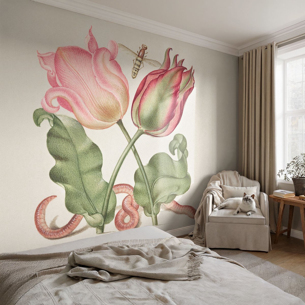 Coloray Vliesbehang - Romig Snellijm Behang - 104x70 cm - Tulpen Schoonheid Fotobehang Vlies - Woonkamer behang Bloemen En Planten - Muurschildering - Woonkamer behang
