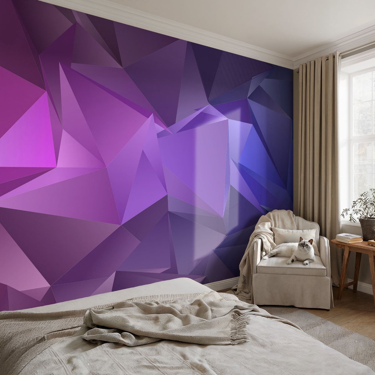 Coloray Vliesbehang - Paars Snellijm Behang - 104x70 cm - Paarse Driehoeken Muurschildering - Gang behang Abstractie - Fotobehang Vlies - Slaapkamer behang