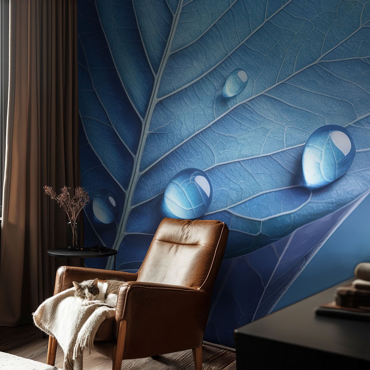 Coloray Vliesbehang - Blauw Snellijm Behang - 104x70 cm - Blauw Blad Muurschildering - Gang behang Bloemen En Planten - Fotobehang Vlies - Slaapkamer behang