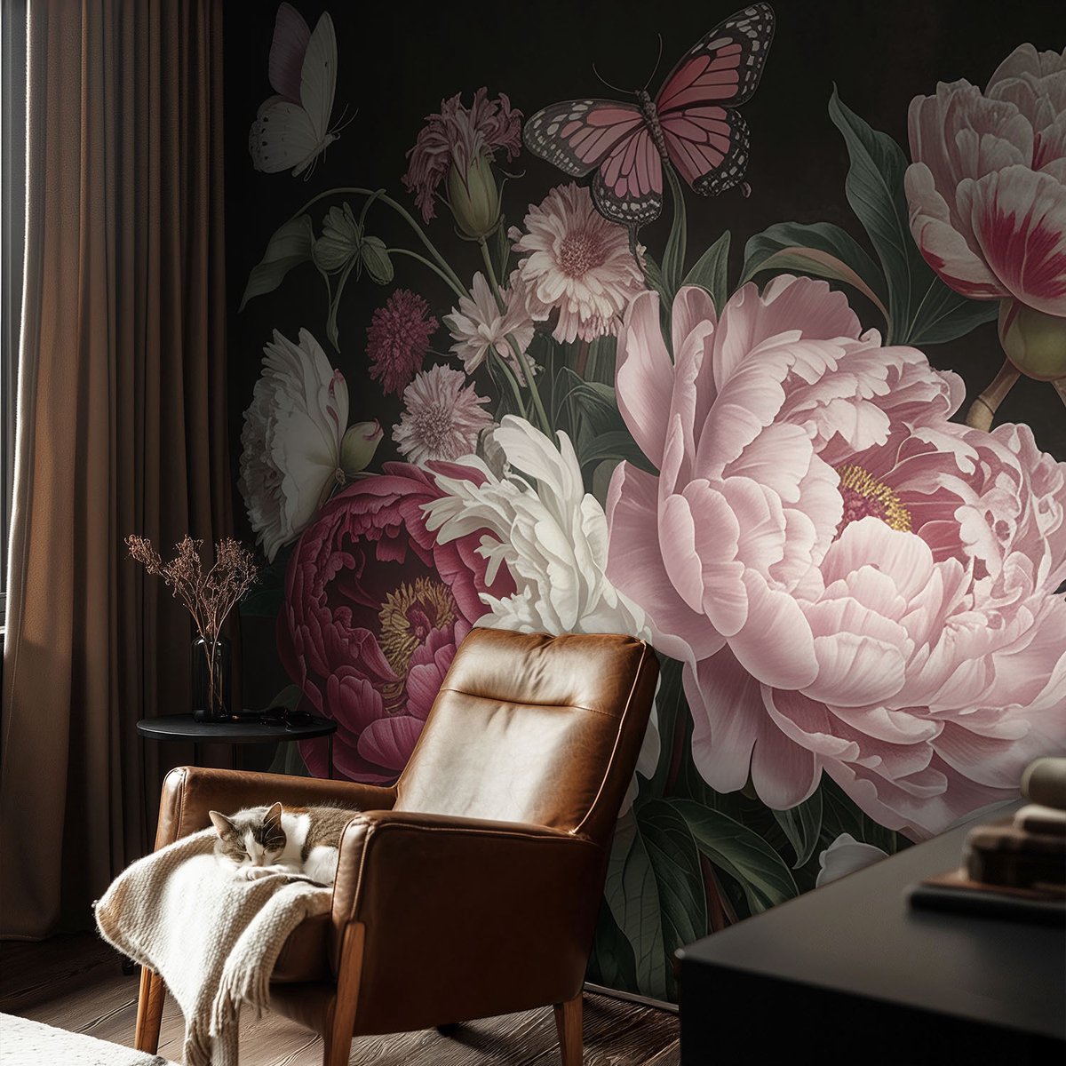 Coloray Vliesbehang - Zwart Snellijm Behang - 104x70 cm - Pioenrozen En Vlinders Muurschildering - Slaapkamer behang Bloemen En Planten - Fotobehang Vlies - Slaapkamer behang