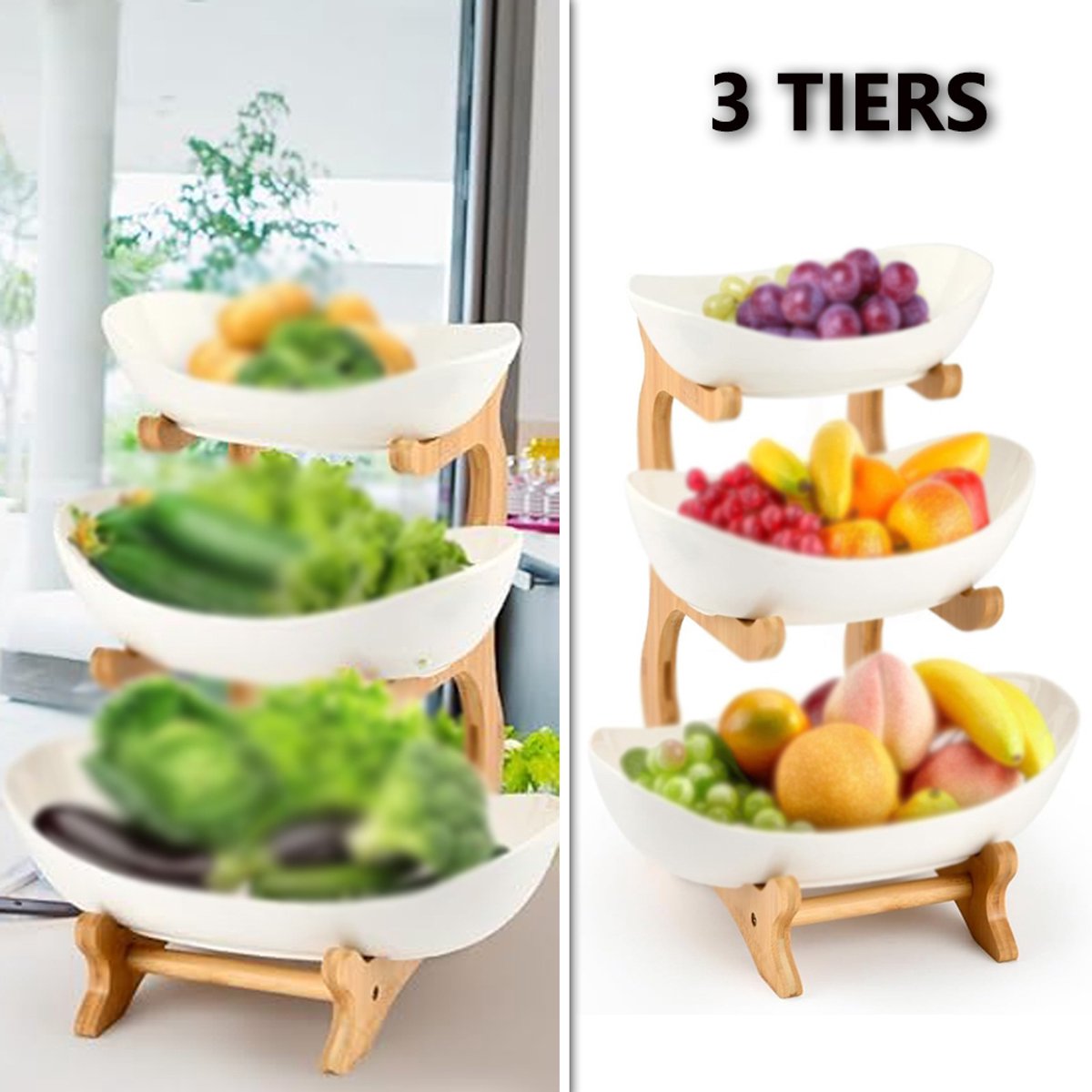 Fruit- En Snackstandaard Met Meerdere Lagen En 3 Schalen – Duurzaam ABS En Houten Frame – Ruimtebesparend En Snel Op Te Zetten In 1 Minuut – Voor Tentoonstellingen, Verjaardagen En Housewarming