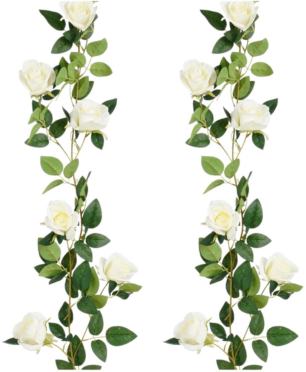 Mica Decorations Kunstbloemen Rozen slinger - 2x - 180 x 15 cm - wit - kunststof - Roos - witte bloemetjes deco