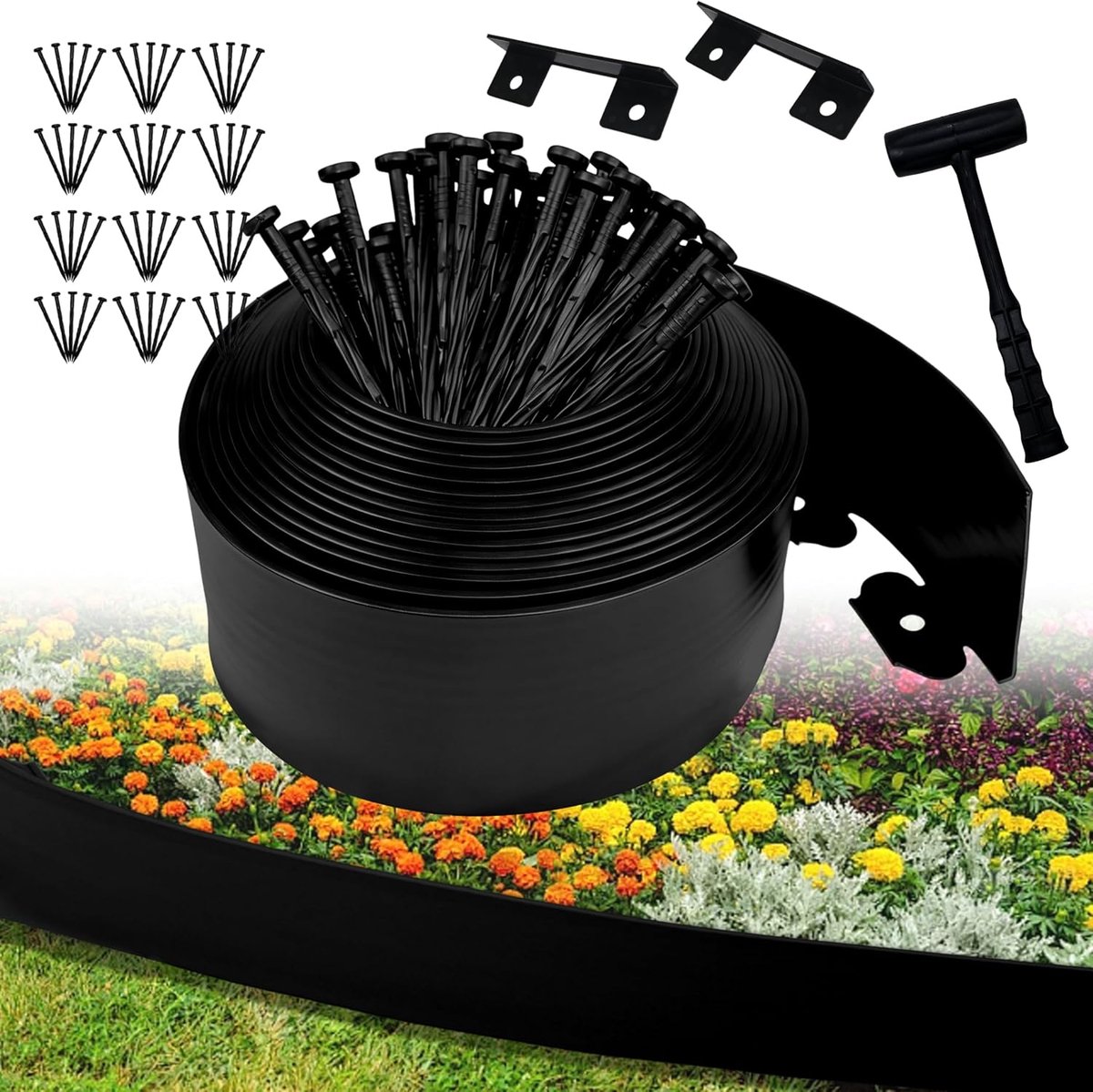 Kunststof, flexibele gazonranden, lengte 20 m, hoogte 10 cm, met 60 grondankers en 2 connectoren + 1 hamer, bloembegrenzing, bedomranding, bloembedrand, zwart (gladde rand, 10 cm x 20 m)
