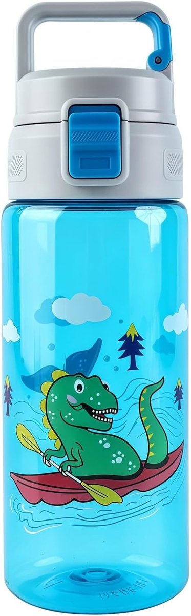 Drinkfles voor kinderen, lekvrij, duurzaam, valbestendig, BPA-vrij, vaatwasmachinebestendig, geschikt voor school en sport, 650 ml, blauw, dinosaurus