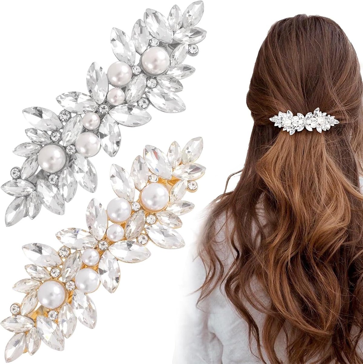 Haarspelden voor dames, elegant, met strass en parels, haaraccessoires voor de bruid, van verguld en verzilverd metaal, elegant voor bruiloft, ceremonie en dagelijks gebruik, 2 stuks