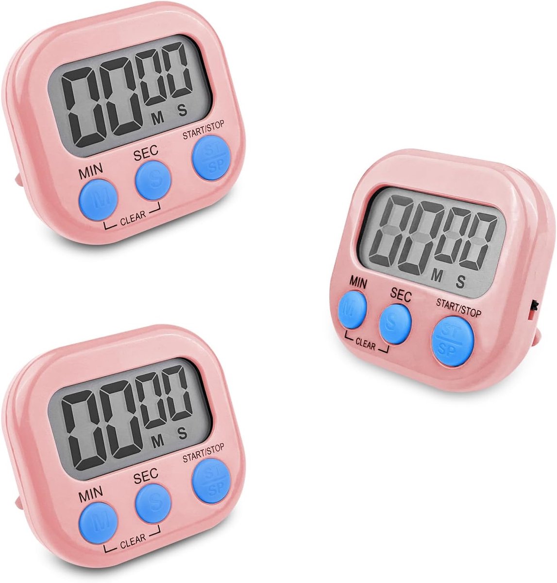 Keukentimers, roze, stopwatch met groot lcd-display, timer met sterk alarm, timer, magnetische achterkant, voor studie, werk in de keuken