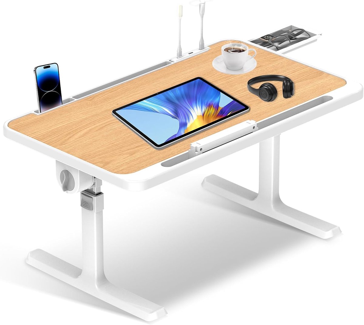 Laptoptafel 60 x 40 cm, laptoptafel met lade, in hoogte verstelbaar, 4 hoekverstelbaar, inklapbare poten, bedtafel voor bed en bank, vloer, beddienblad, notebook (houtkleur)