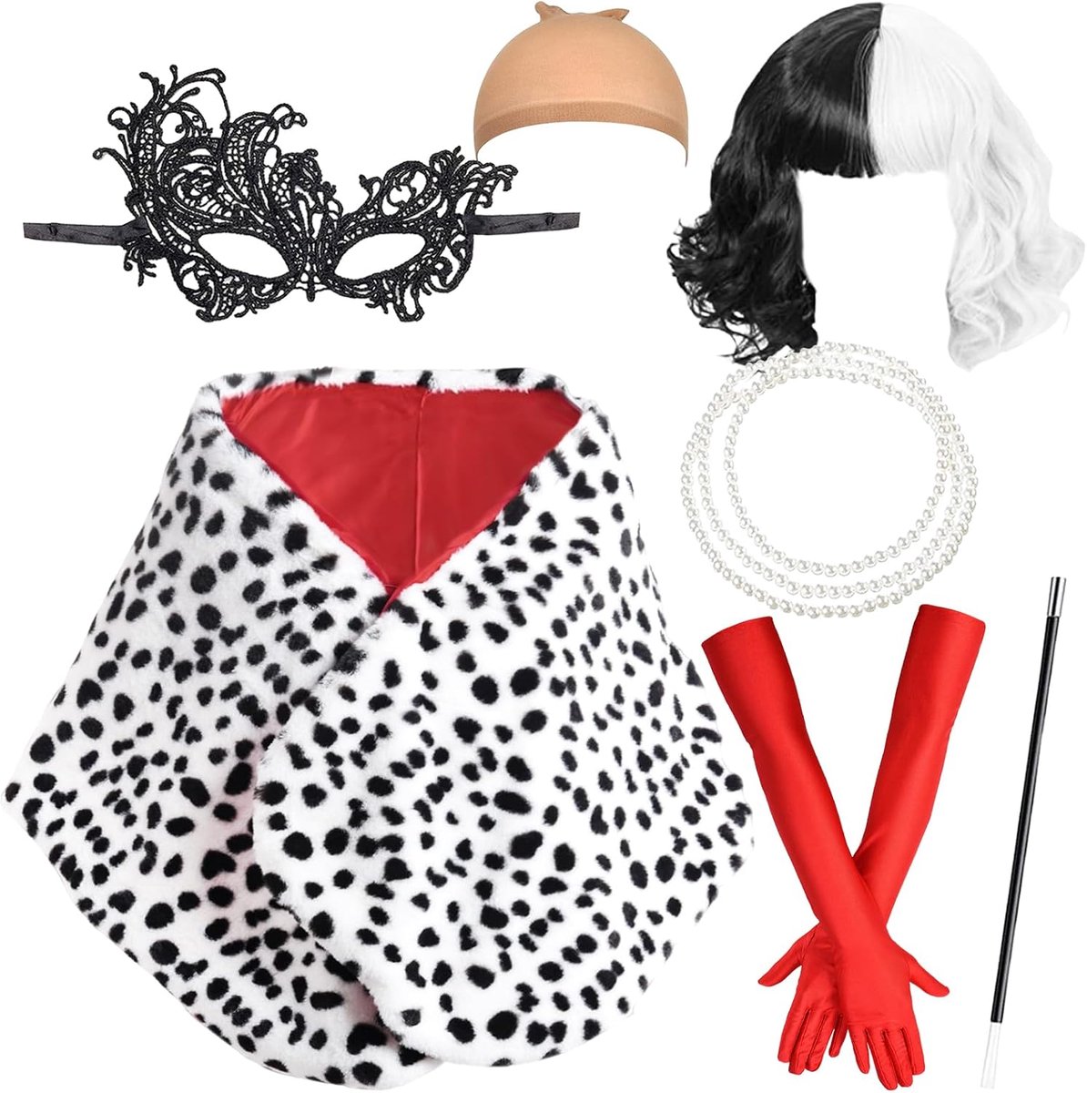Cruella Kostuum voor dames, Halloween-kostuum voor dames, Devil Cosplay kostuum, jaren 20, accessoireset met witte zwarte sjaal, pruik, parelketting, masker, rode handschoenen voor Halloween